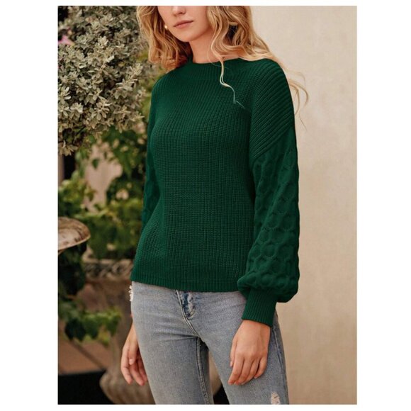 BWQ Ribbed Oversize Drop Shoulder Pull On Knit Sweater Top in Dark Green NWT - Picture 7 of 8